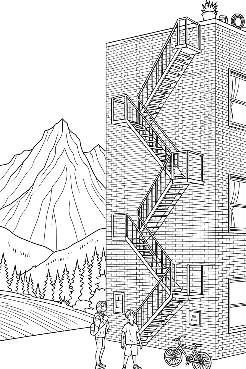 A fire escape staircase zigzagging up a brick apartment building, with mountains rising dramatically in the background.