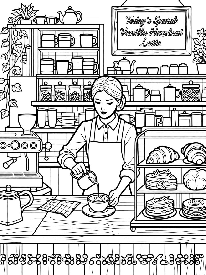 A cozy coffee shop counter with a barista pouring latte art.