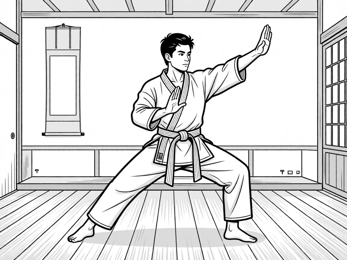 A martial artist practicing a form in a dojo