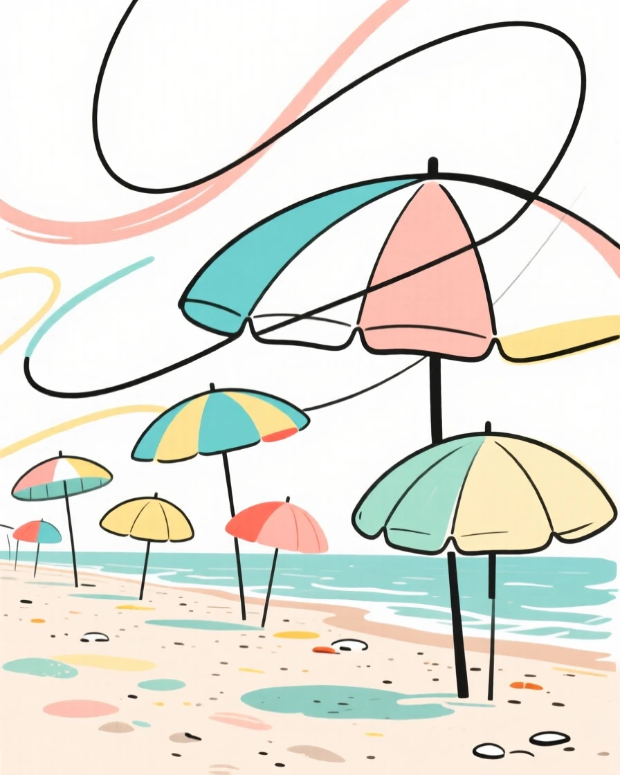A beach scene with colorful umbrellas during a sunny summer day.