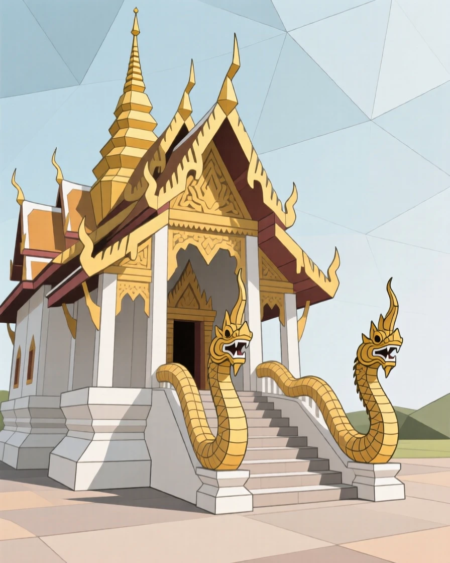 A Thai temple with golden spires and carved nagas