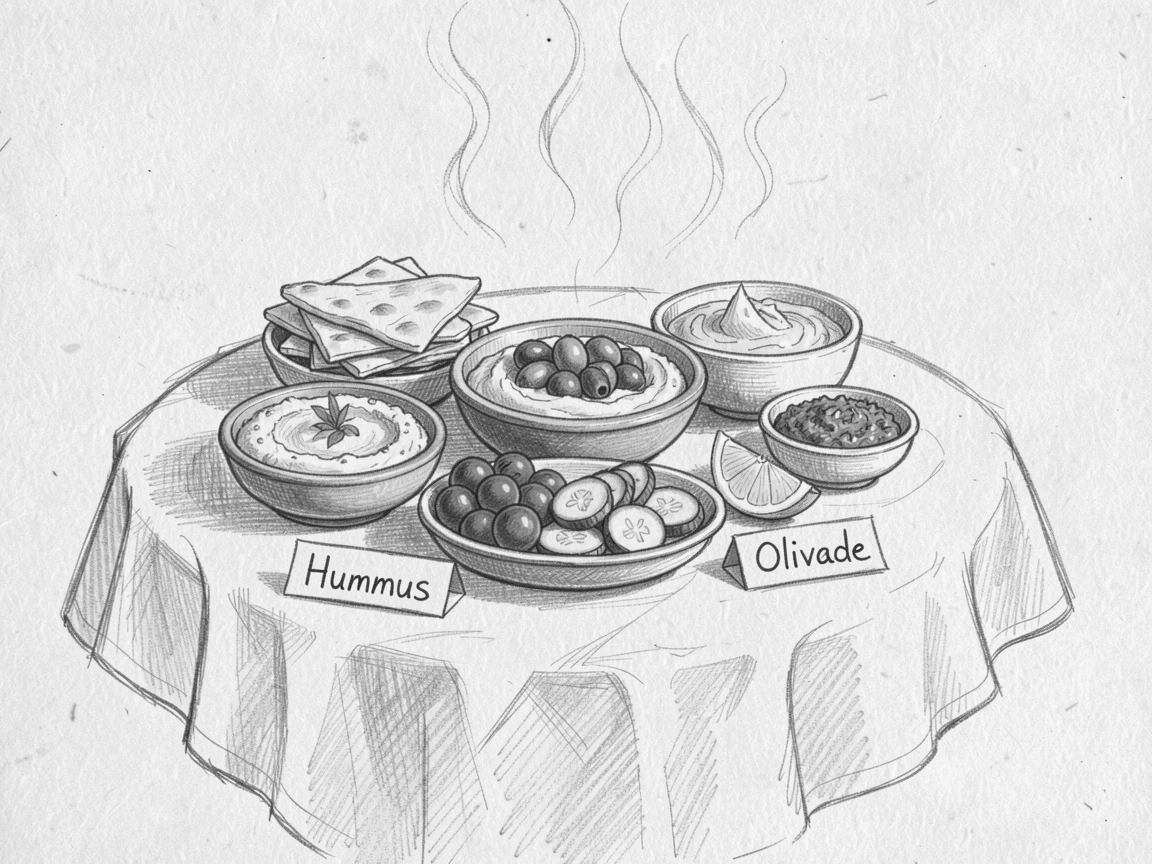 An appetizing still life of a spread of Mediterranean mezze atop a linen tablecloth, with steam rising gently into the light.