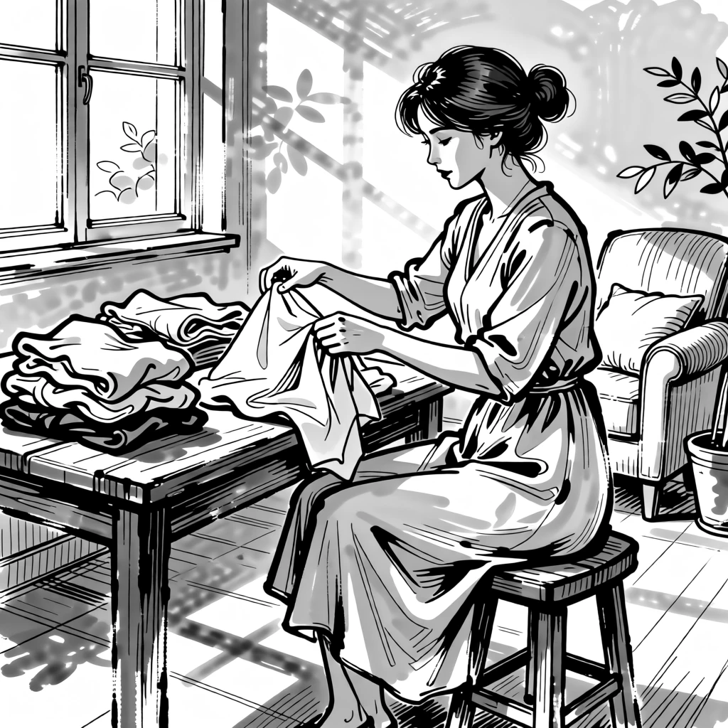 A woman folding freshly laundered clothes on a sunny afternoon.