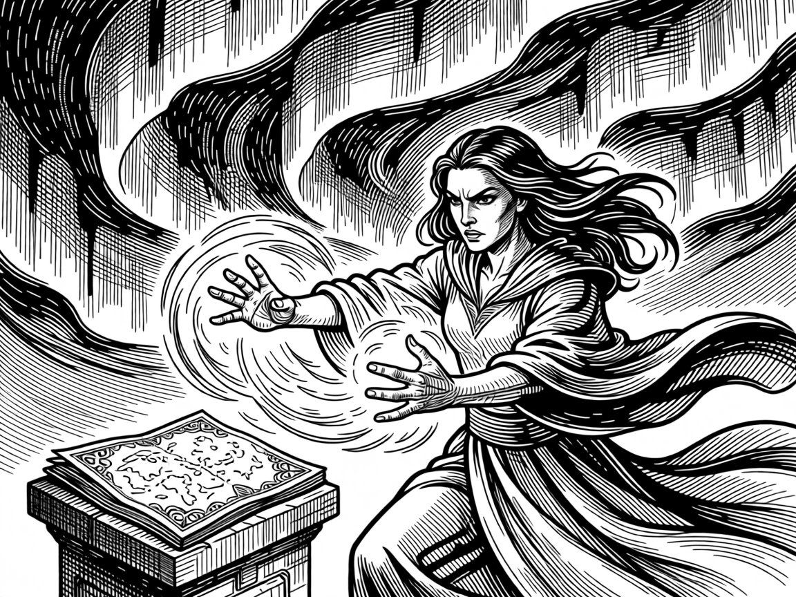 A sorceress conjuring light from her hands under a sky streaked with aurora light, with an old map unfurled nearby, forming a majestic and mythical fantasy scene.
