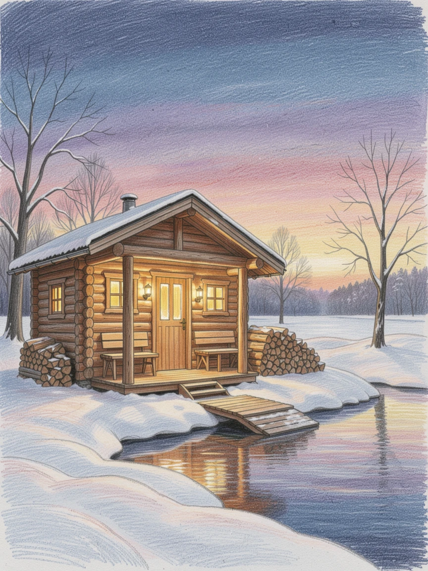 A Finnish lakeside sauna glowing warmly in the winter twilight, bathed in the warm glow of golden-hour light, radiating comfort, joy, and quiet beauty.