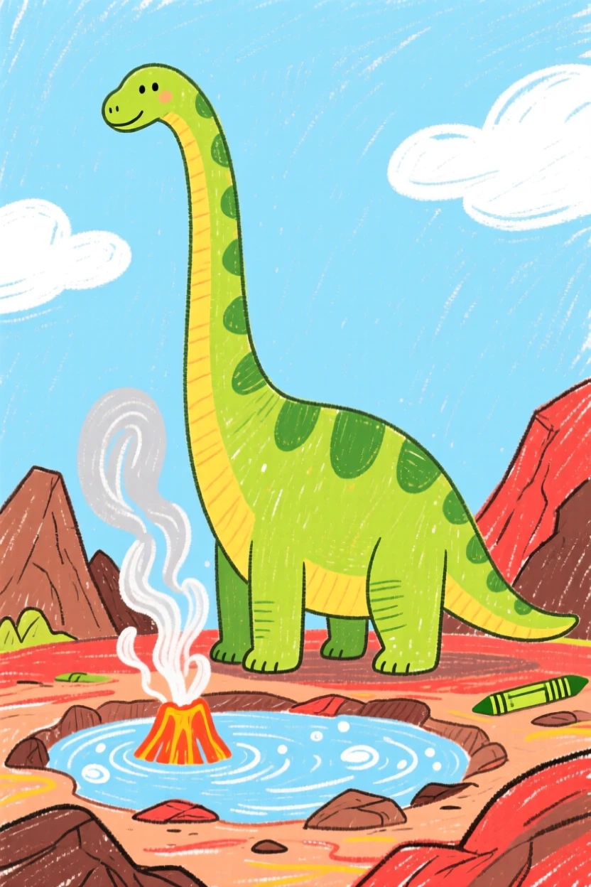 A towering Diplodocus gathered near a steaming volcanic spring.