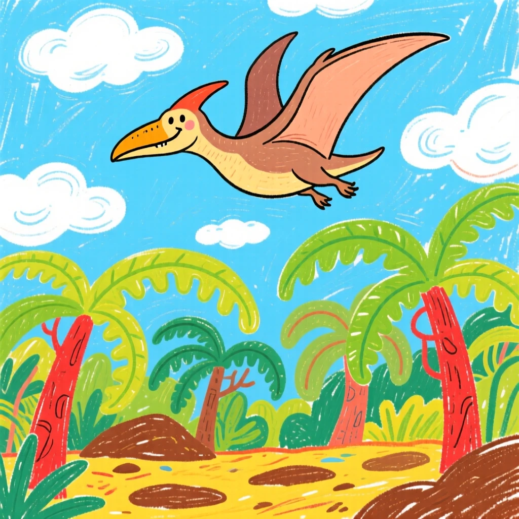 A soaring pterodactyl gliding above the clouds in a prehistoric jungle filled with giant ferns.