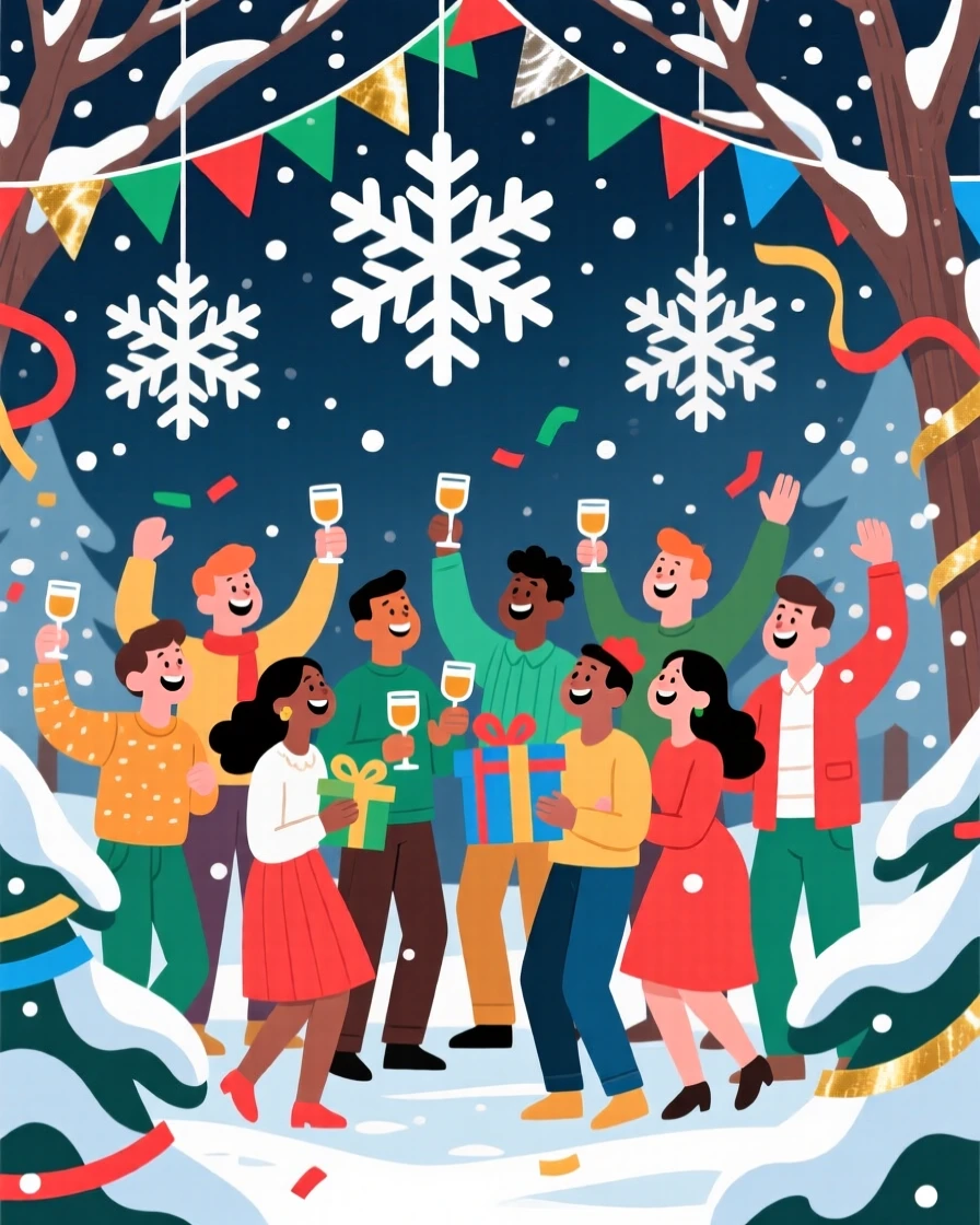 A festive winter wonderland party with snowflake decorations, set against a backdrop of colorful bunting and streamers, composed with a lively sense of togetherness and joy, with a joyful sense of togetherness and celebration.