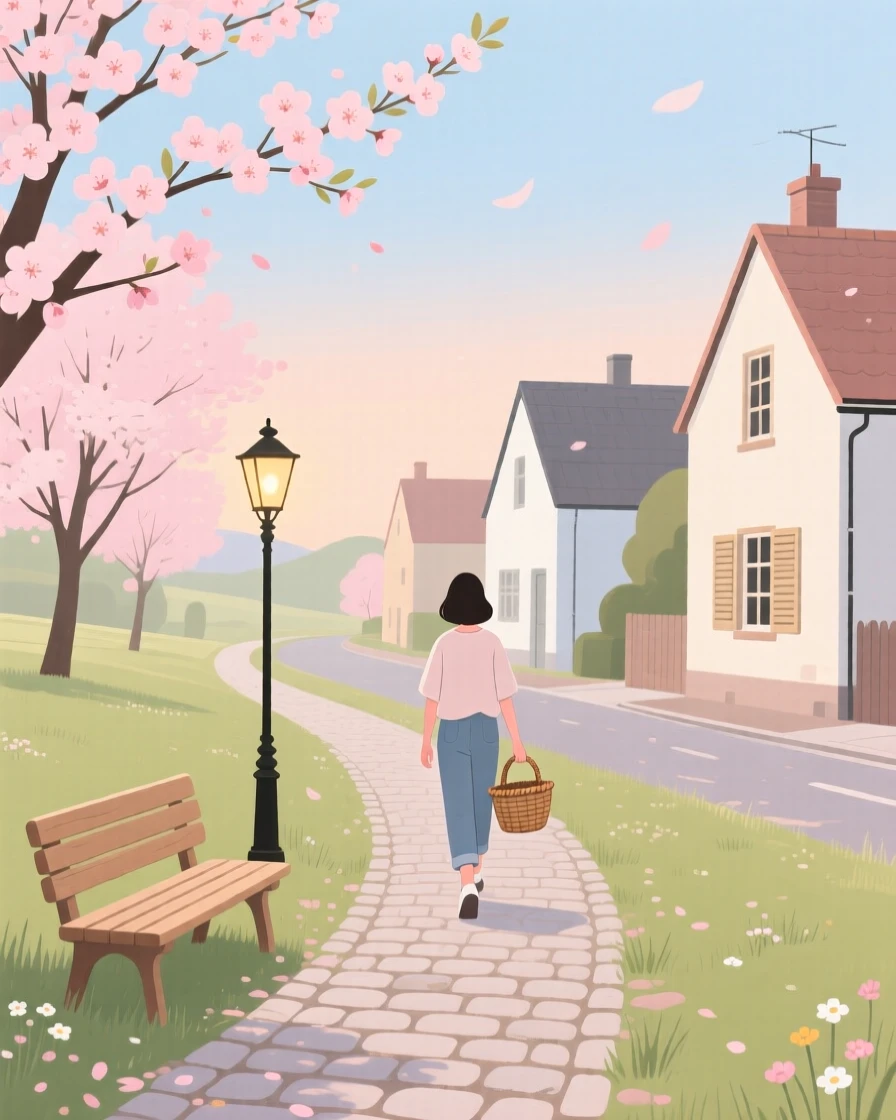 A spring scene of a quiet morning walk in a small countryside town.