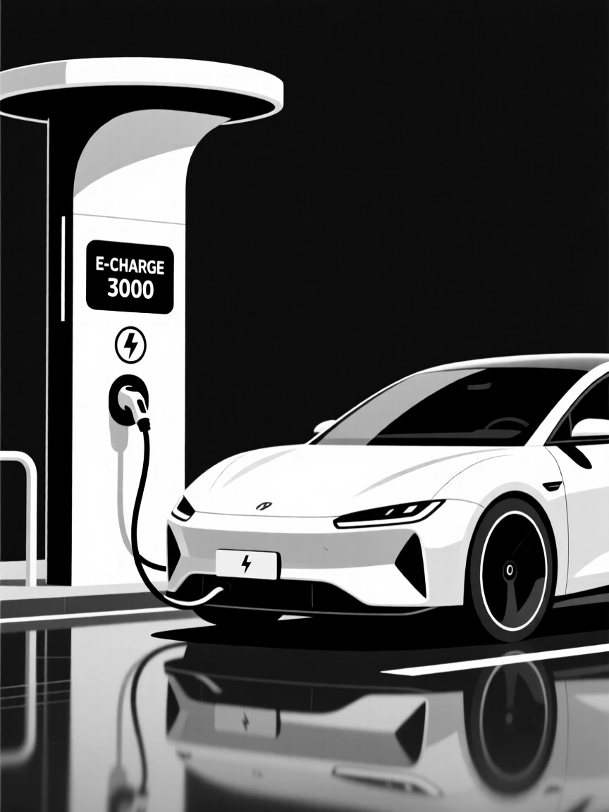 An electric car charging at a futuristic station.