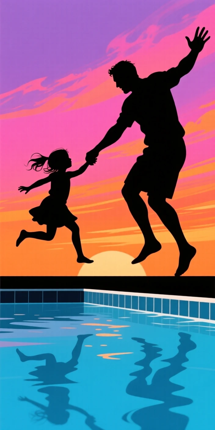 A father catching his daughter as she leaps off the edge of a pool.