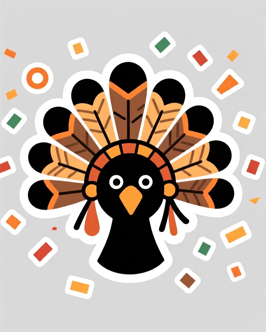 A festive and joyful turkey feather headdress for a harvest celebration, surrounded by falling confetti, at a joyful family gathering.