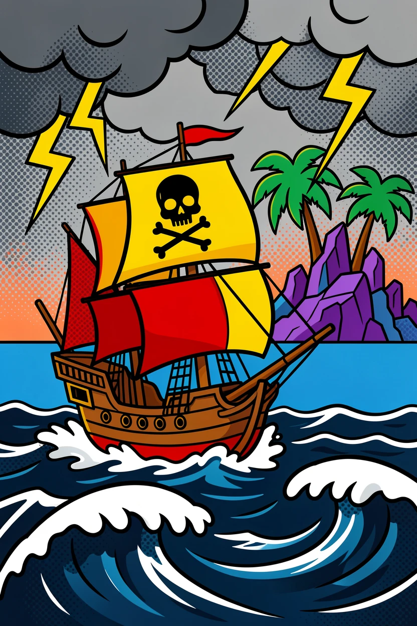 A pirate ship sailing through a stormy sea toward a mysterious island