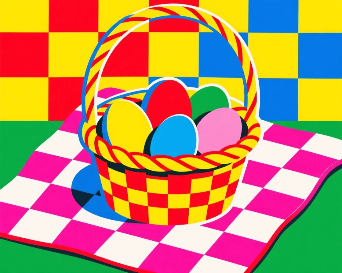 Spring Easter egg basket on a checkered blanket