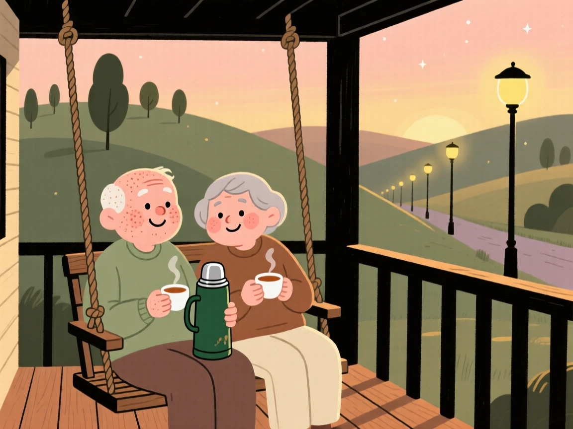 Two old friends sit on a porch swing overlooking the rolling hills, sharing a shared thermos of tea and easy laughter as the streetlights flicker on one by one.
