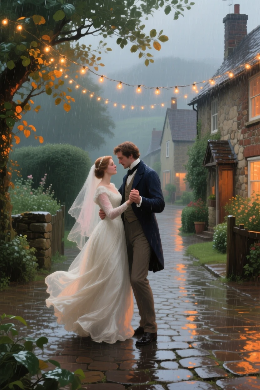 An expansive vista of a bride and groom sharing their first dance beneath a canopy of fairy lights, in a small English village, during a light rain.