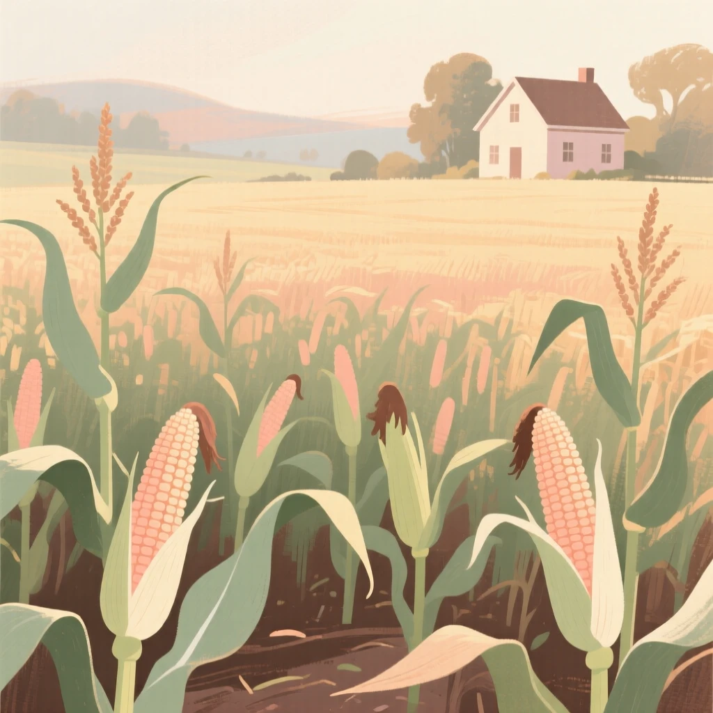 A field of ripening corn stretching toward a distant farmhouse