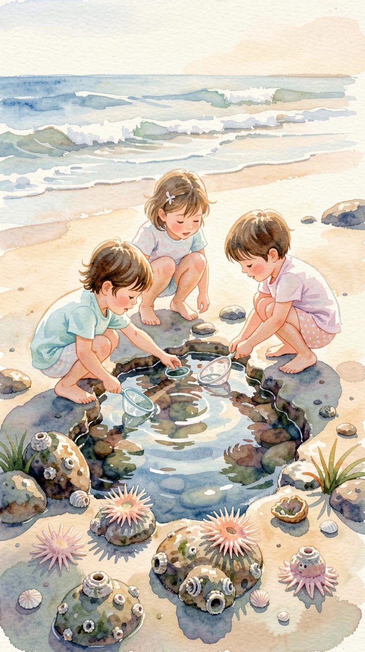Kids exploring a tide pool at the beach.