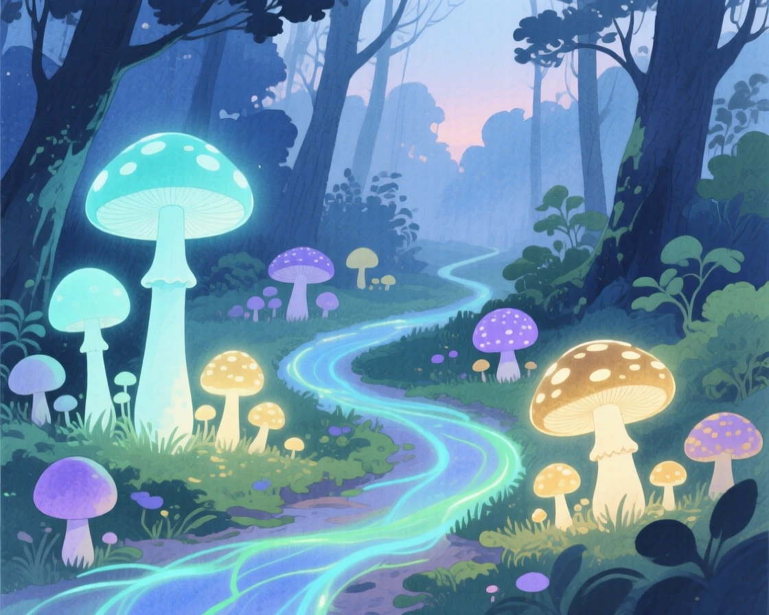 A dreamlike scene of a glowing mushroom forest, where every path glimmers faintly with light, inviting quiet wonder and imagination