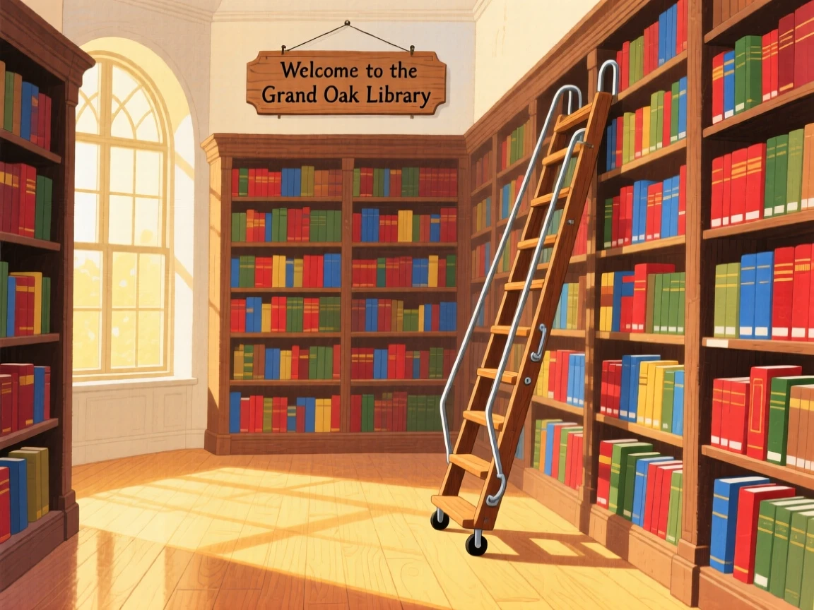A peaceful view of an old library with tall wooden shelves and a rolling ladder.