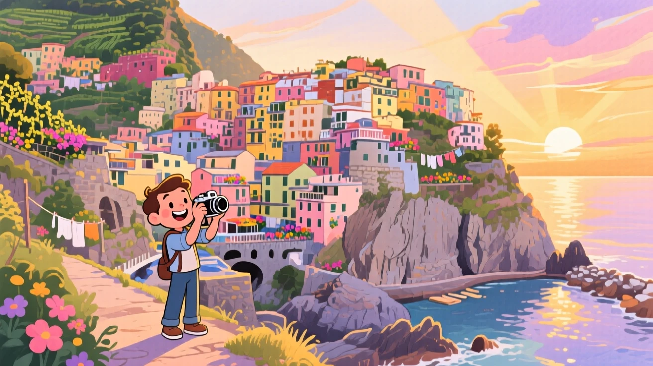 A photographer captures the golden light amid the colorful houses of Cinque Terre clinging to a cliffside, radiating cultural warmth and beauty.