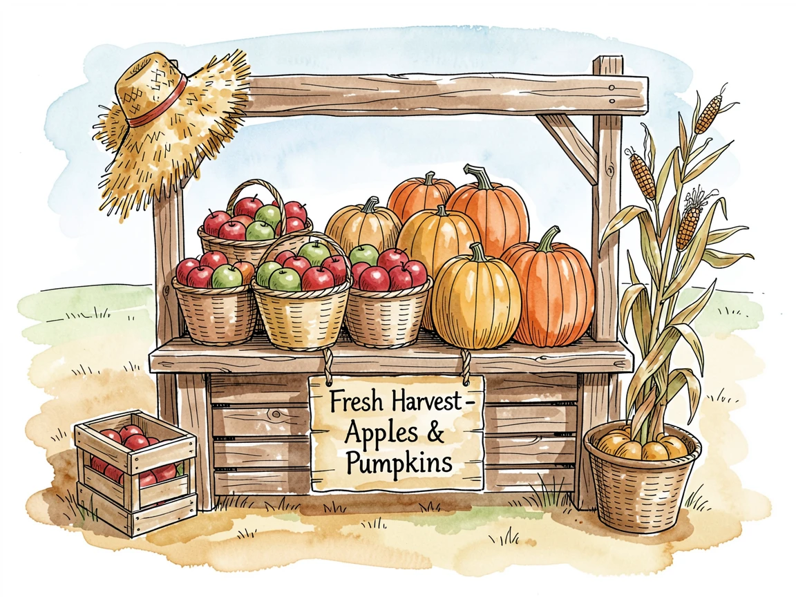 A harvest scene with baskets of apples and pumpkins at a farm stand, a nostalgic, comforting atmosphere settling over the scene.