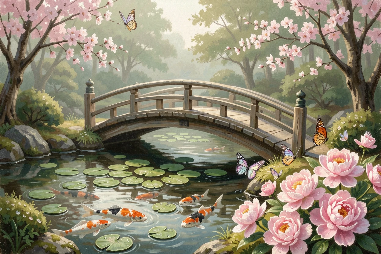 Beside a koi pond with lily pads drifting on the surface, a tranquil Japanese garden with a curved wooden bridge, butterflies gathering around a cluster of blossoms, in early morning, dew still clinging to every petal.