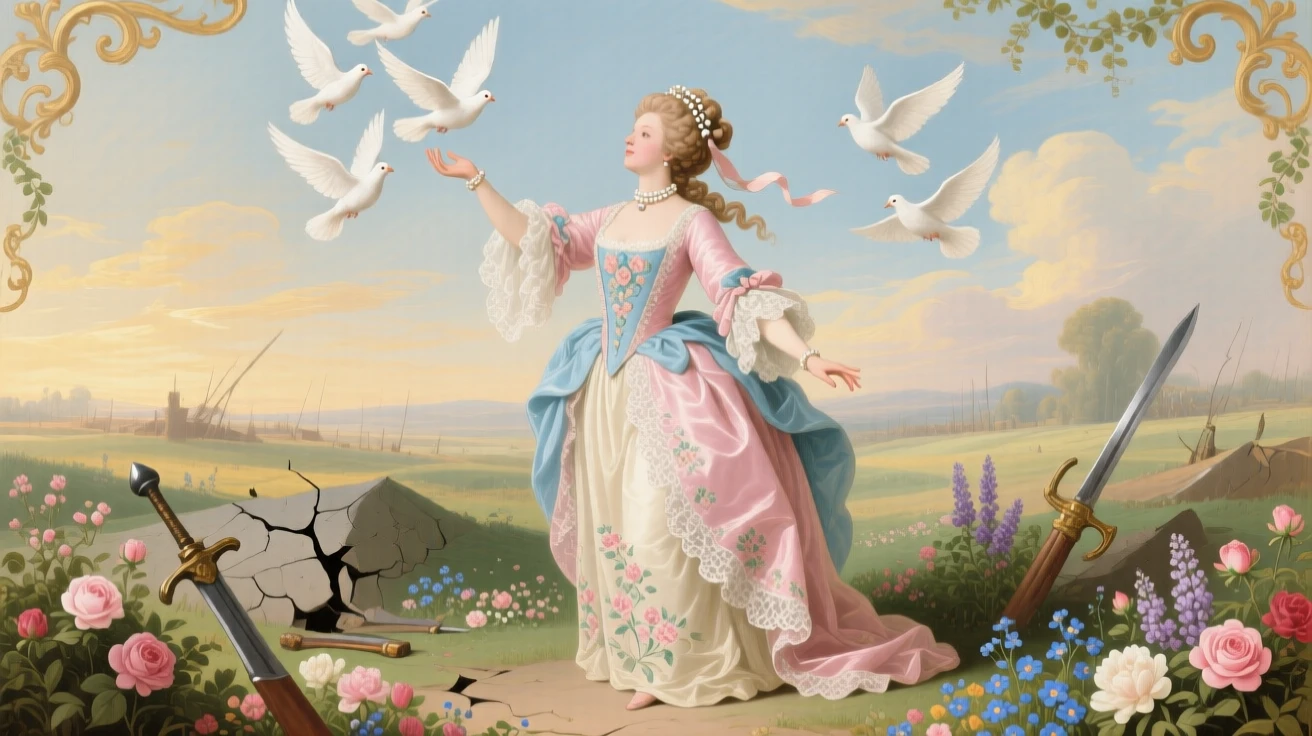 A queen representing peace, releasing doves above a battlefield transformed into flowers  