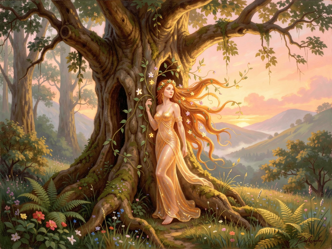 A dryad emerges from the trunk of an ancient, glowing tree.