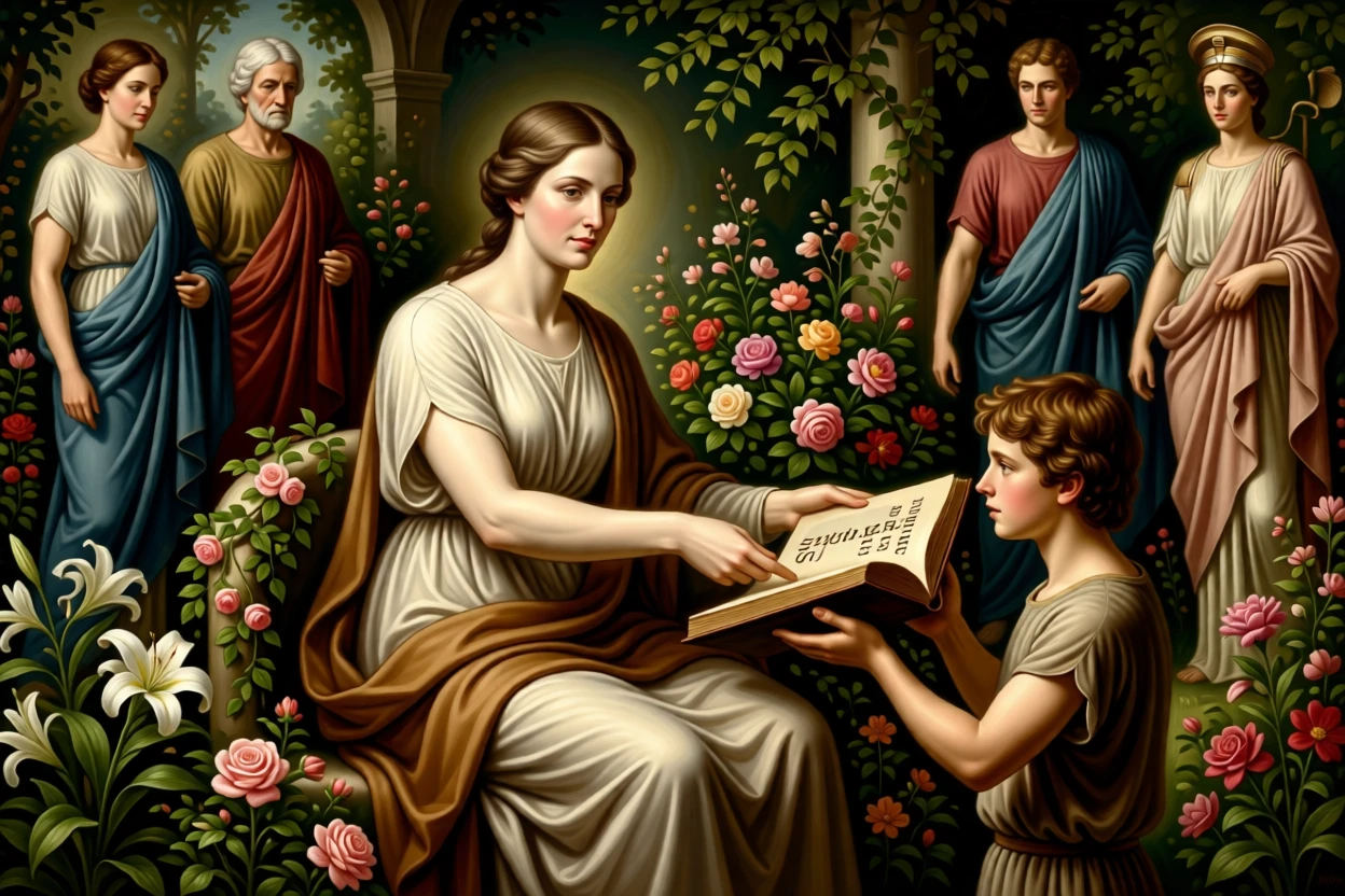 The figure of Wisdom offering an open book to eager youth in a moment charged with timeless symbolic meaning, set within a garden where every bloom carries hidden meaning, with allegorical attendants representing virtues gathered nearby; radiating light from the central figure draws every eye inward, suggesting hope, transformation, and the endurance of the human spirit.