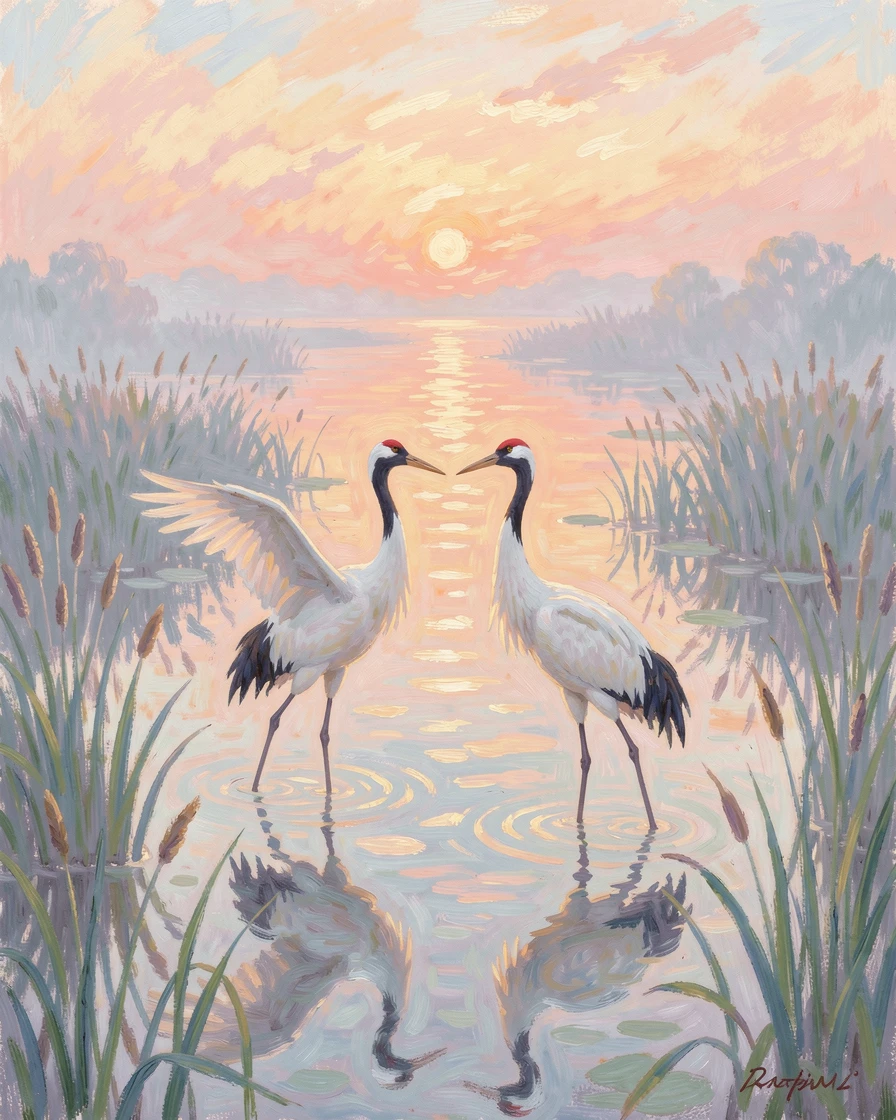 A pair of cranes performing an elegant courtship dance in a misty wetland at dawn, under a glowing sunset sky, conveying a feeling of romance and tranquility.