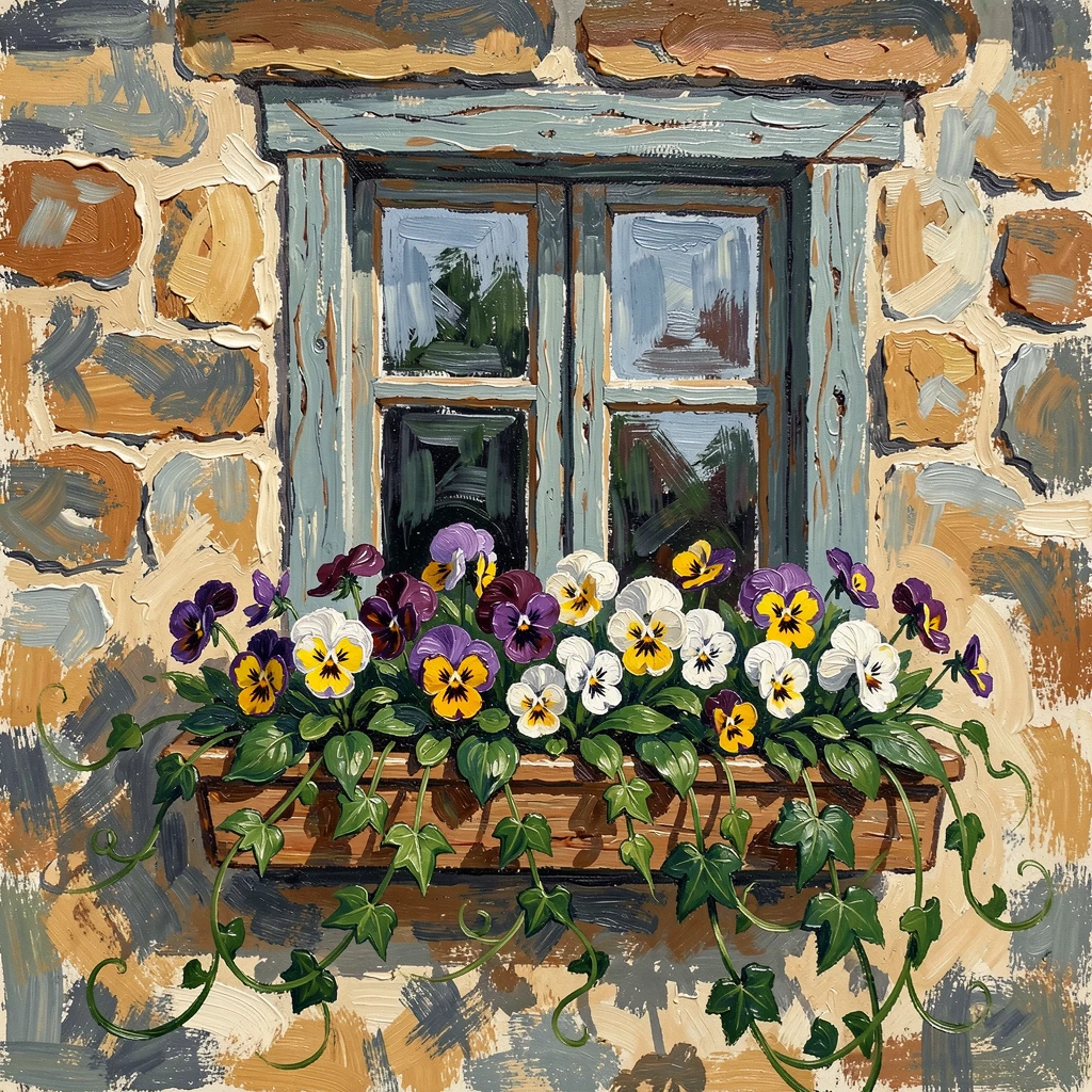 A cottage window with flower boxes overflowing with pansies and trailing ivy.