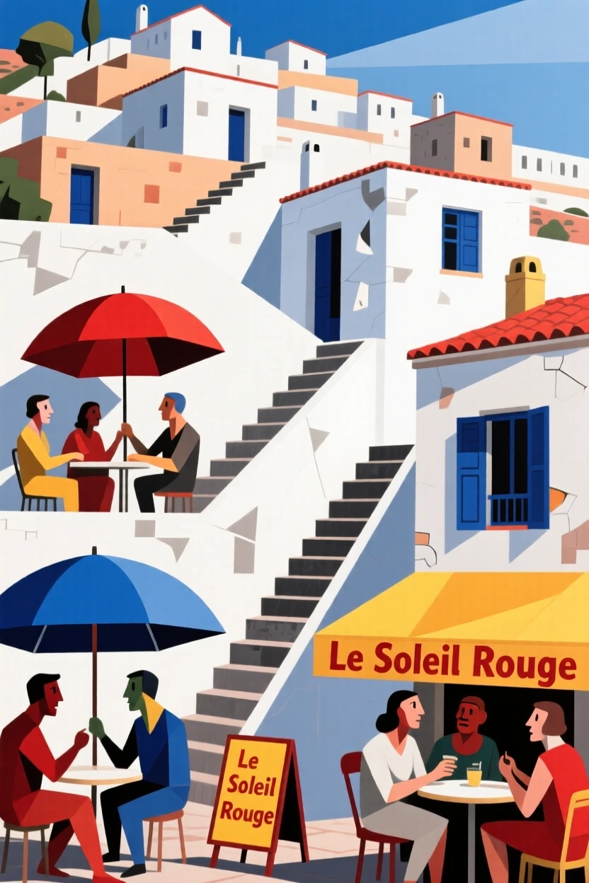 A vibrant scene of a whitewashed hillside village dotted with umbrellas shielding patrons from the sun.