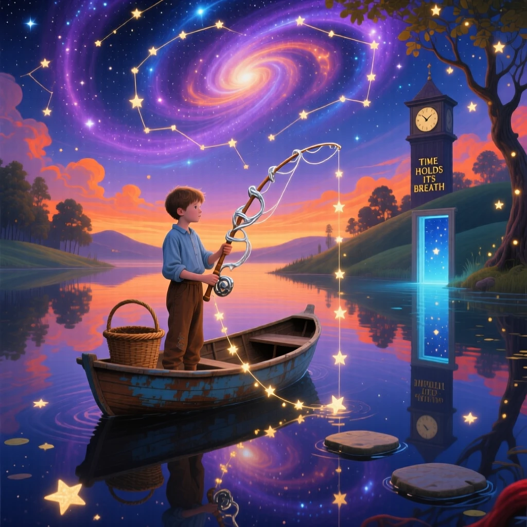 A young boy fishing for stars from a small wooden rowboat stands quietly beneath a wide and endless sky, as small details of the world quietly bend and shift nearby.
