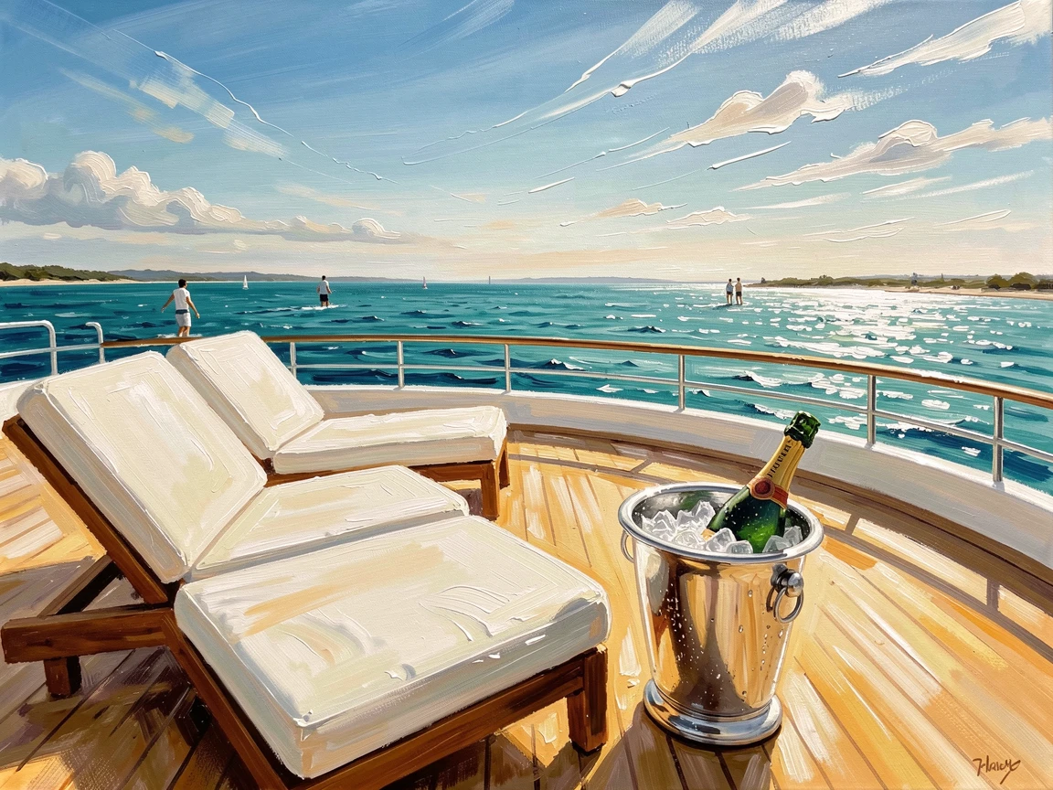 A luxurious yacht interior shows a sun-drenched deck with white cushioned loungers, champagne chilling in a bucket beside a sparkling turquoise sea, distant figures going about their day, lending the scene a sense of genuine daily life.