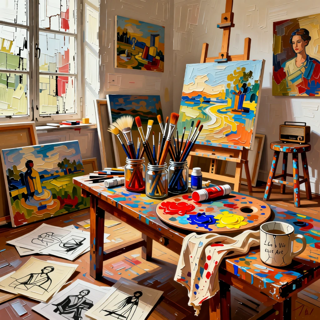 A quiet artist's atelier filled with half-finished canvases and jars of brushes