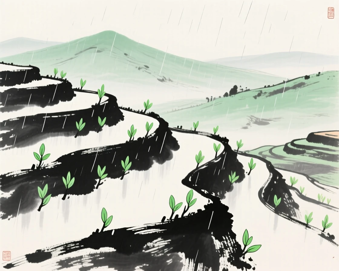 New green shoots emerge across a terraced hillside after the first spring rain, with distant hills turning green after the thaw.