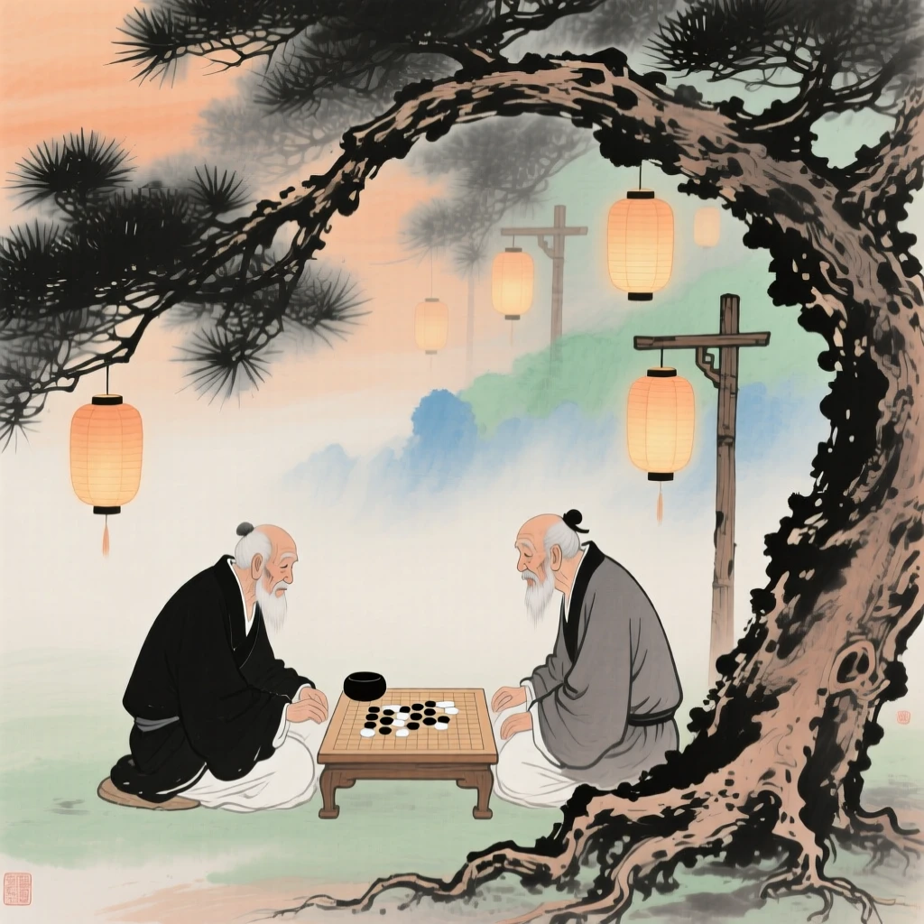 Two elders playing a game of go beneath a spreading pine, through a light drifting mist, as lanterns are lit for the evening, brimming with peaceful contentment.