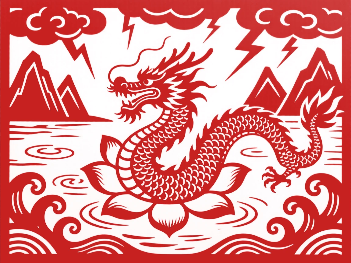 A river dragon king, emerging from a lotus blossom in a sacred pond, as thunder rumbles across distant peaks.