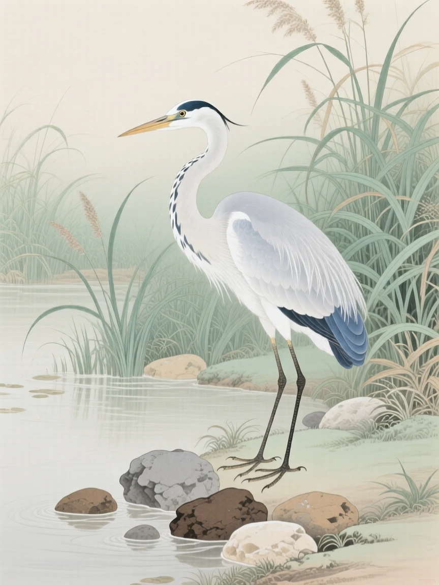 A heron fishing at the edge of a marsh near a cluster of smooth river stones