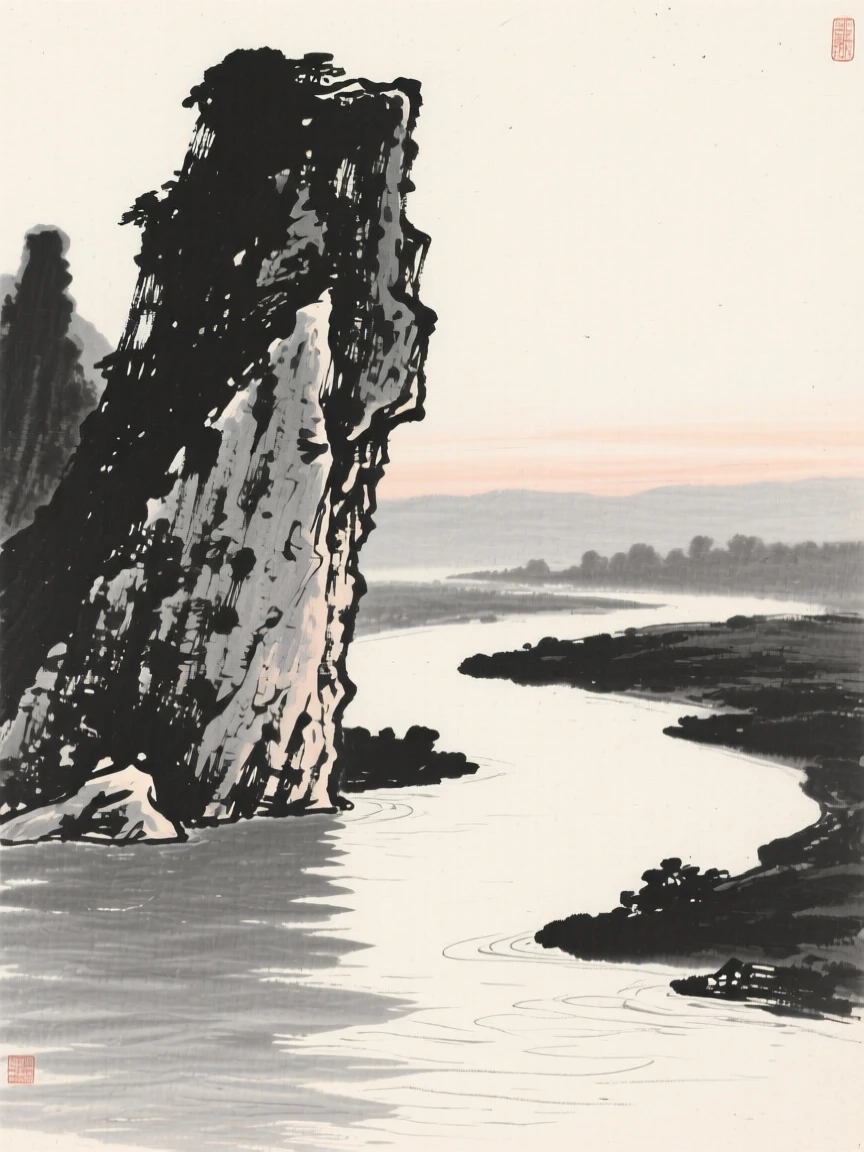 A jagged limestone karst formation rising from a river bend as evening shadows stretch long across the land, seen from across the water, the far shore reduced to soft silhouette, carrying a feeling of timeless peace and stillness.