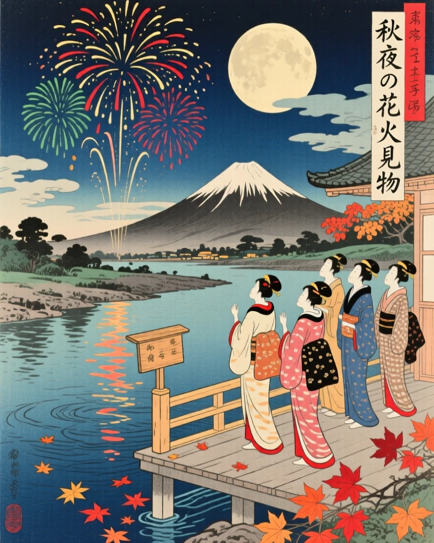 A fireworks display admiring the full autumn moon together.