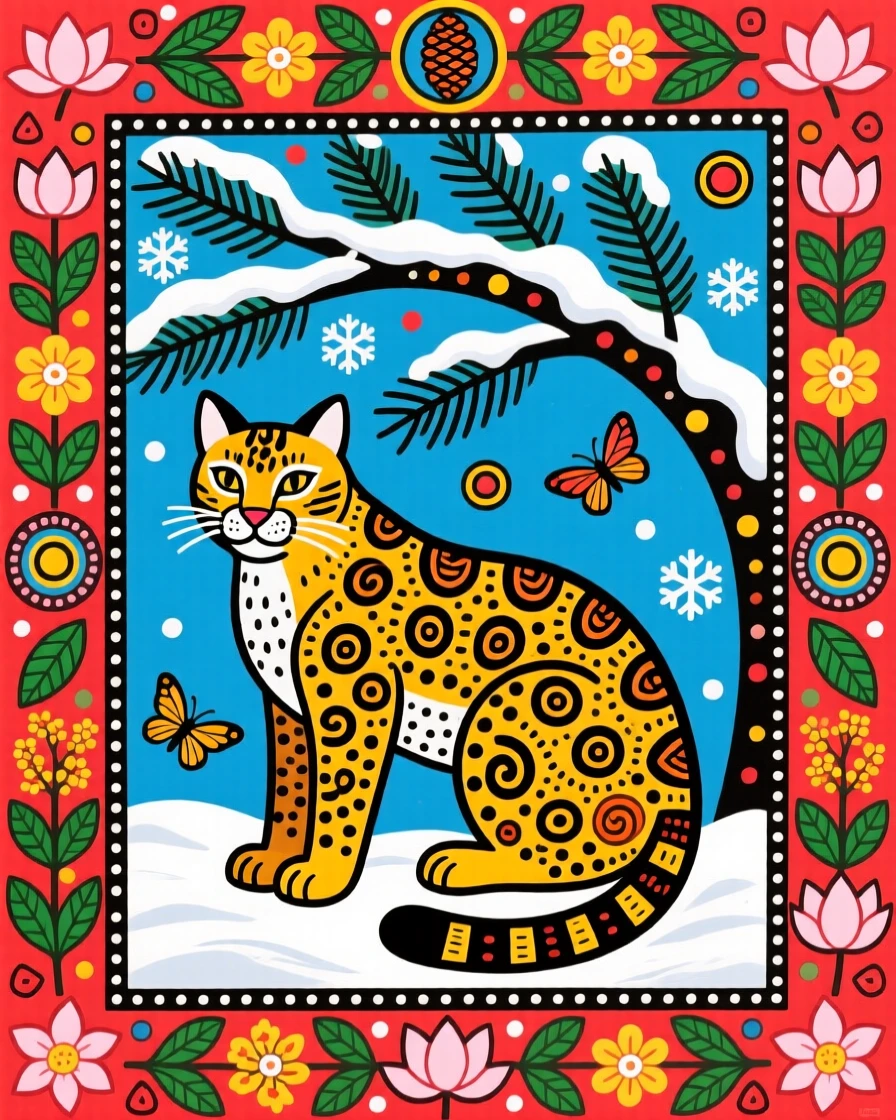 A lynx watching quietly from beneath a snow-laden pine bough.