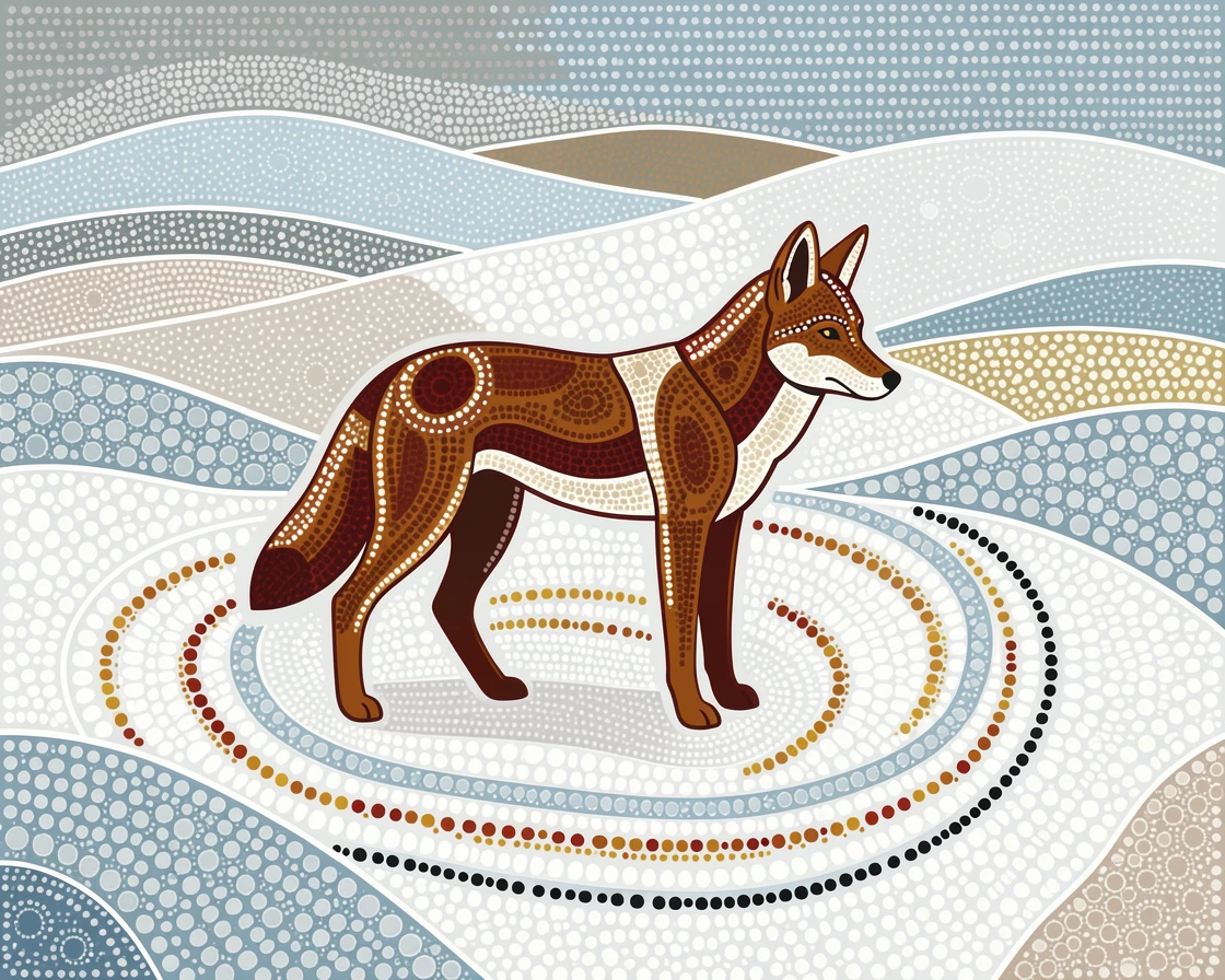 A dingo exploring a snowy landscape