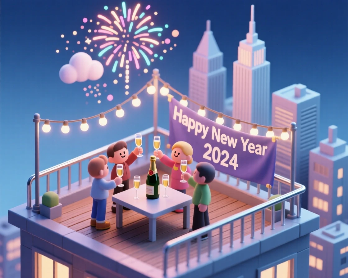 A New Year's Eve rooftop party with string lights, a champagne toast, and fireworks bursting over the city skyline.