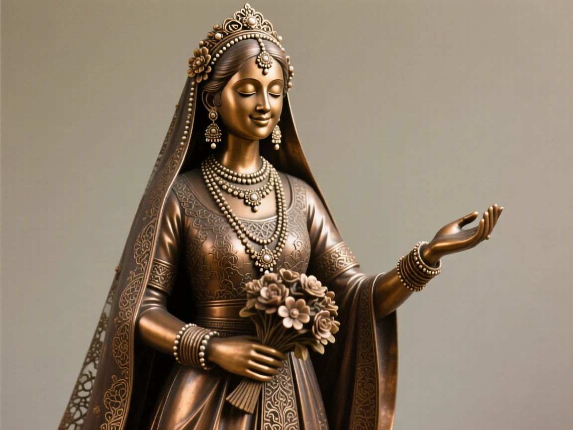 A bride adorned in traditional wedding jewelry and dress, radiating heartfelt emotion and connection, celebrating shared human joy