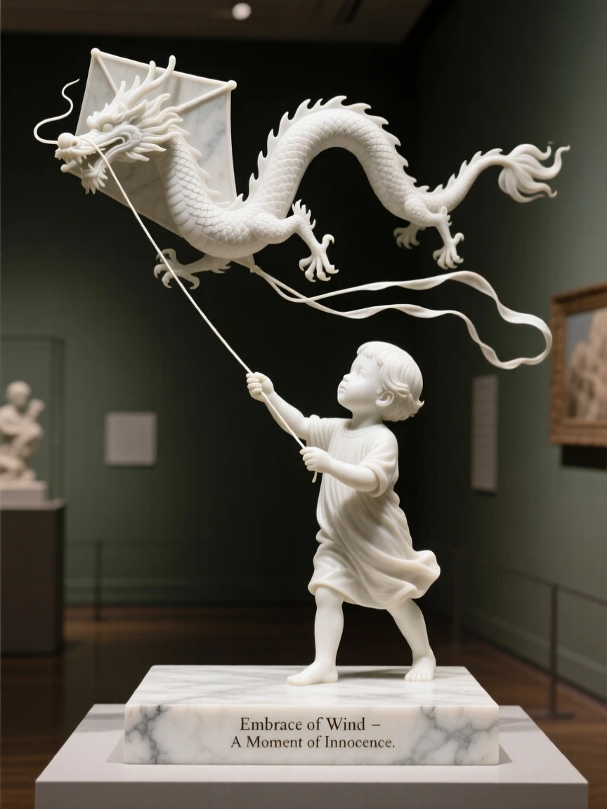 An evocative depiction of a child flying a kite shaped like a dragon, in a moment of quiet stillness, balancing detail with emotional depth