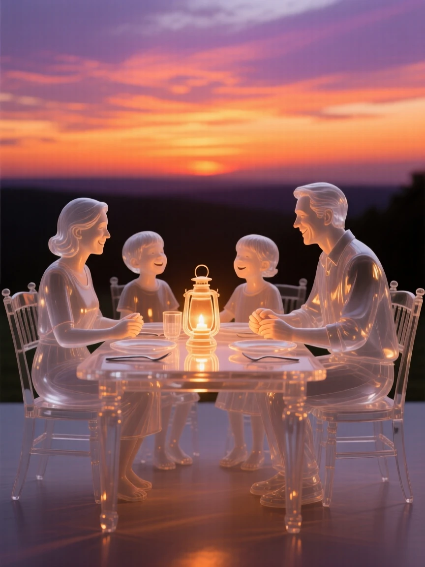 Beneath a sky painted with the colors of sunset, a family gathered together around a warmly lit table