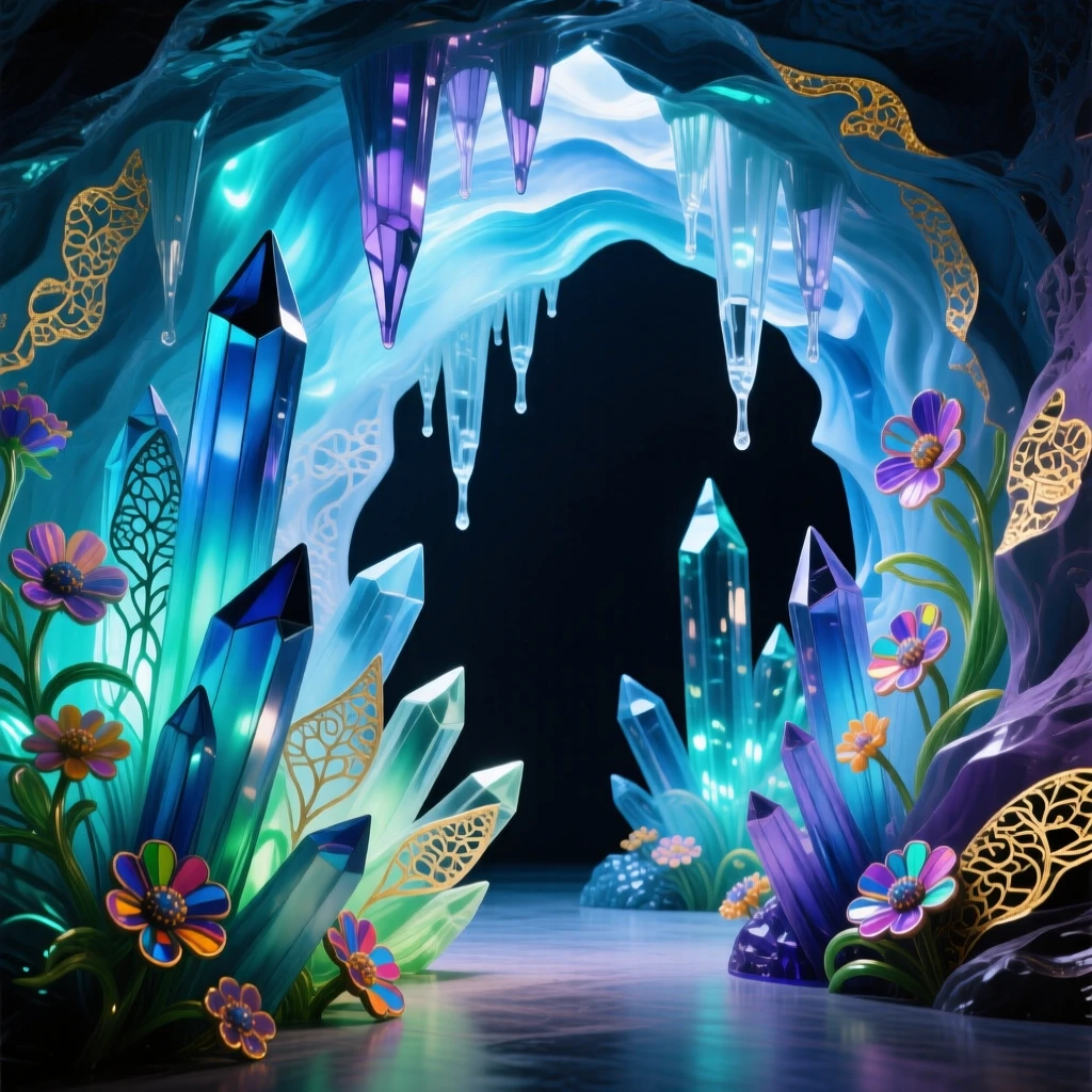 A grand crystal cave glowing softly with natural bioluminescent light, magical and rare.
