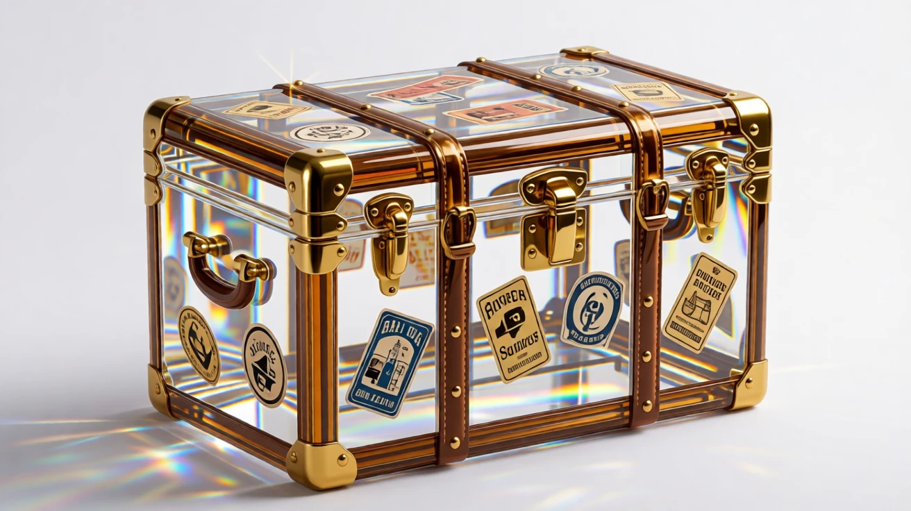 A luxury leather travel trunk with brass fittings and vintage travel stickers.